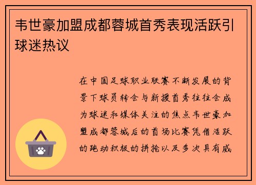 韦世豪加盟成都蓉城首秀表现活跃引球迷热议